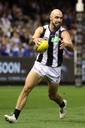 Steele Sidebottom gets a kick away in his 250th match.