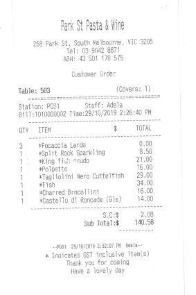 Receipt for lunch at Park St Pasta and Wine.