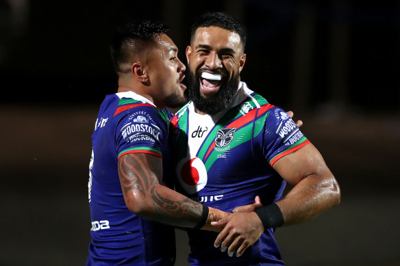 George Jennings celebrates the Warriors' third try.