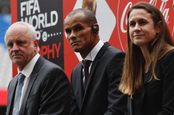 Graham Arnold and FIFA legends Rivaldo and Heather O’Reilly at Allianz Stadium on Monday, where the men’s and women’s FIFA World Cup trophies were on display.
