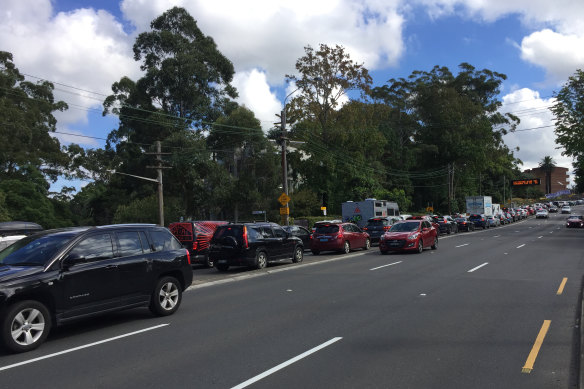 A queue of traffic near Wahroonga heading north out of Sydney on Good Friday.  