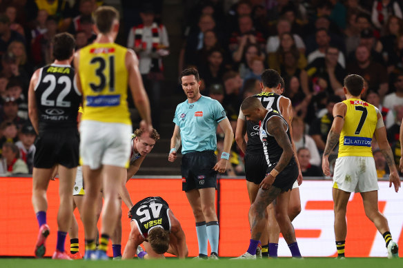 Liam O’Connell was subbed out of St Kilda’s game against Richmond at Marvel Stadium.
