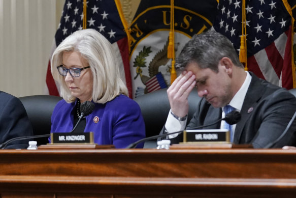 Republicans Liz Cheney and Adam Kinzinger, pictured here sitting on the House select committee investigating the January 6 attacks, say the censure motion will not silence them. 