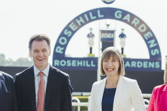 Premier Chris Minns and Transport Minister Jo Haylen at Rosehill Racecourse on Thursday.