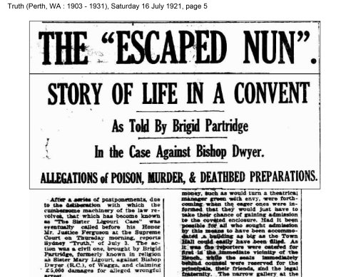 Newspaper story of the Sister Liguori court case.