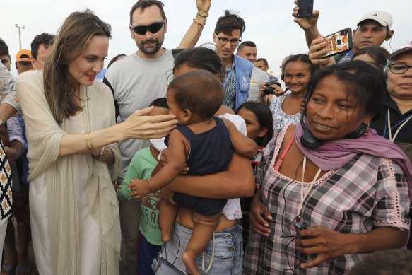 UNHCR’s special envoy Angelina Jolie meets Venezuelan migrants at a United Nations-run camp in Maicao, on the Colombian border. 