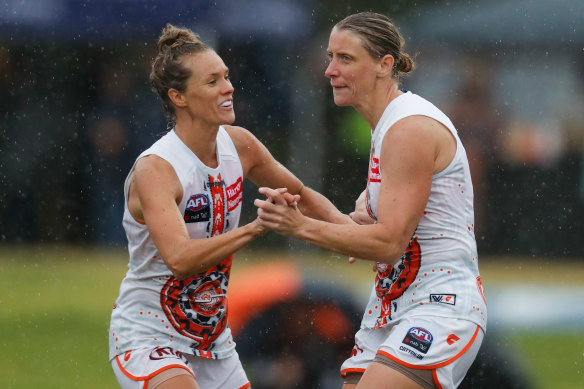 Cora Staunton (right) and Eleanor Bennetts of the Giants celebrate on Saturday.
