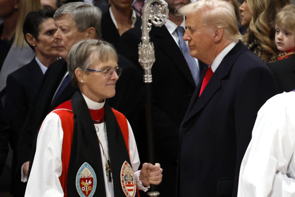 Bishop Mariann Edgar Budde and President Donald Trump during the National Prayer Service at Washington National Cathedral.