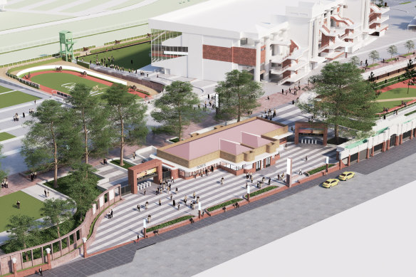 An artist’s impression of the proposed new entry forecourt at Caulfield Racecourse.