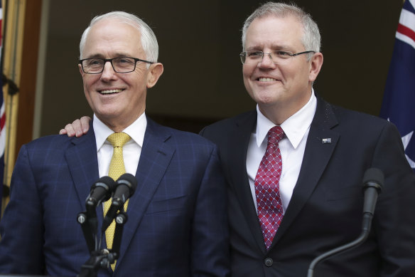 Scott Morrison and Malcolm Turnbull two days before the August 2018 leadership ballot in which Mr Morrison was made Prime Minister.