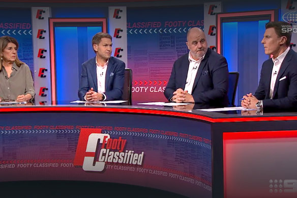 Nine’s Footy Classified panelists Caroline Wilson, Kane Cornes, Craig Hutchison, and Matthew Lloyd on Tuesday. 
