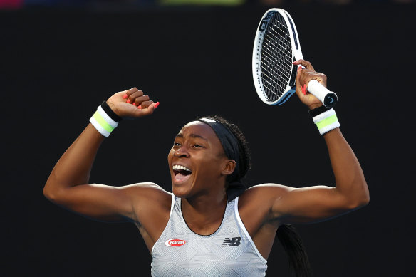 Coco Gauff celebrates her win over defending champion Naomi Osaka at the Australian Open.