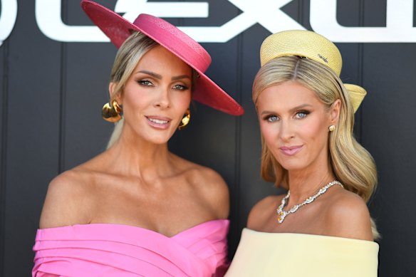 Rebecca Vallance (left) with her friend Nicky Hilton at the 2024 Melbourne Cup.