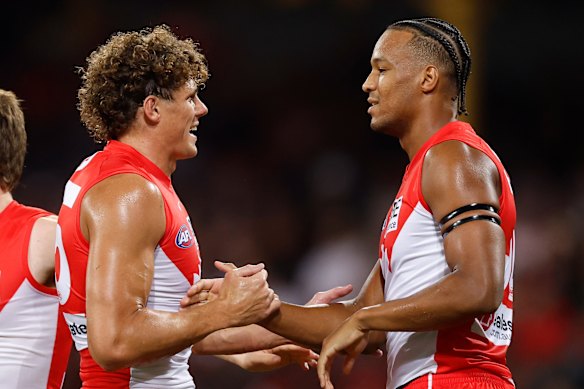 Charlie Curnow (left) and Joel Amartey celebrate victory over Carlton.