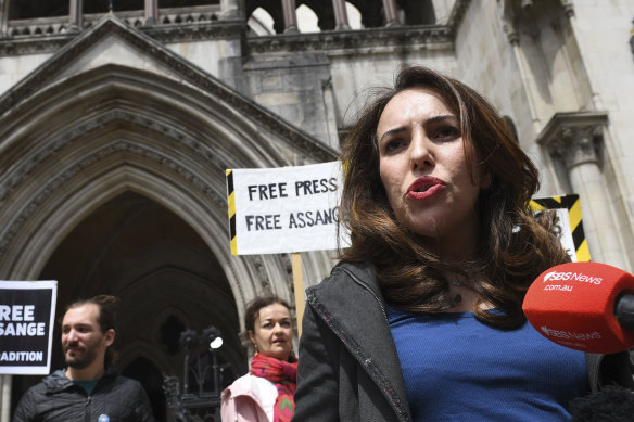 Julian Assange’s partner, Stella Moris speaks to the media outside the High Court in London on Wednesday.