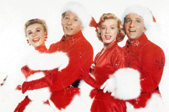 Vera-Ellen, Danny Kaye, Rosemary Clooney and Bing Crosby in a scene from the 1954 movie White Christmas.