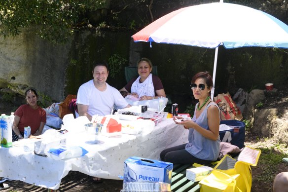 Reuben Korngold and wife Nelia (back), with friends, secured their position at 5am.