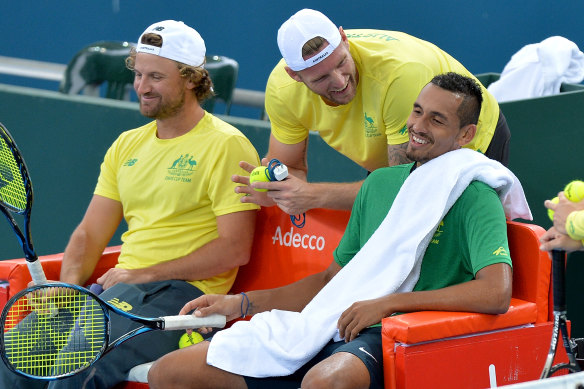 Countryman Sam Groth (centre) had a unique viewpoint of Nick Kyrgios’ Wimbledon rise in 2014: he was the man vanquished earlier that month as the Canberran earned a wildcard which led to his arrival on the most famous court of all.