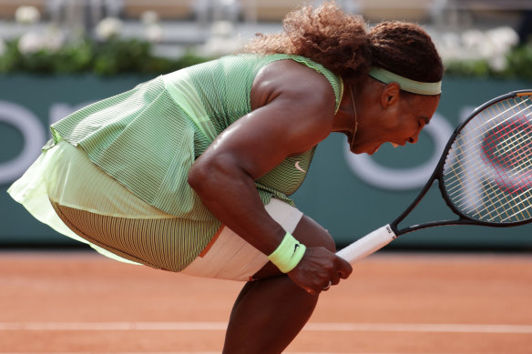 Serena Williams celebrates match point against Danielle Collins at Roland-Garros.