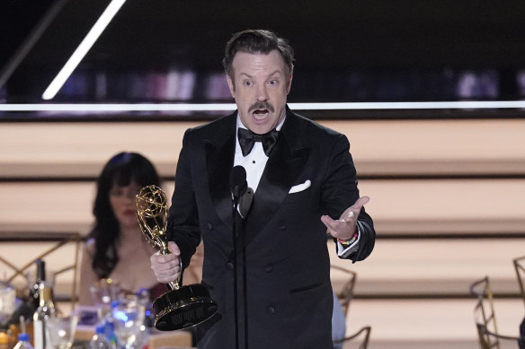 Jason Sudeikis accepts the Emmy for outstanding lead actor in a comedy series for Ted Lasso.