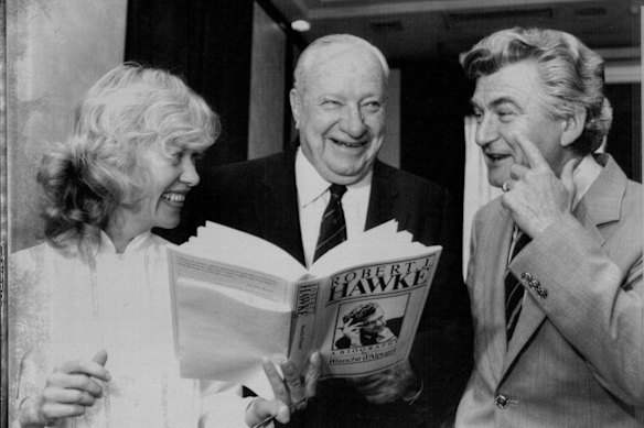 Blanche d’Alpuget, Sir Richard Kirby and Bob Hawke during the launch of Hawke’s biography at Lakeside Hotel Canberra in 1982.