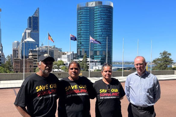 Murujuga traditional custodians Patrick Churnside, Josie Alec and Raelene Cooper and UWA professor of rock art at Ben Smith worry about the effect of Woodside’s emissions.