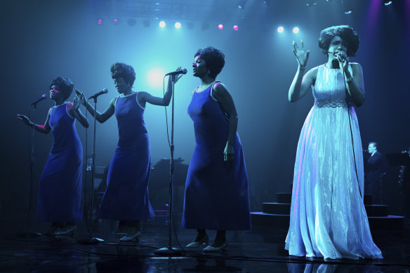 From left: Brenda Nicole Moorer as Brenda Franklin, Hailey Kilgore as Carolyn Franklin, Saycon Sengbloh as Erma Franklin and Jennifer Hudson as Aretha Franklin in Respect.