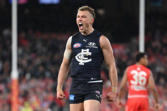Patrick Cripps celebrates a big goal in the premiership quarter of his first final.