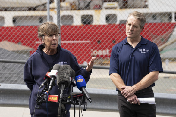 Transportation Safety Board Chair Kathy Fox (left) and TSB investigator Cliff Harvey in St John’s, Newfoundland on Saturday, June 24.