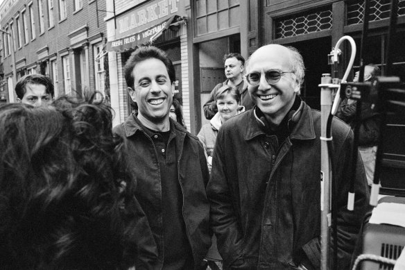 Jerry Seinfeld and Larry David on set during filming of the last Seinfeld episodes in 1998.