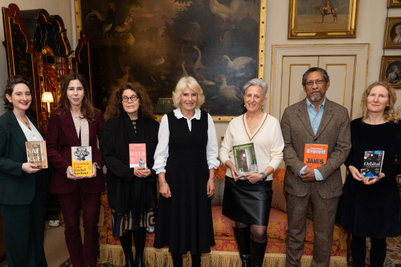 Shortlisted authors (from left) Yael van der Wouden, Rachel Kushner, Anne Michaels, with Queen Camilla, Charlotte Wood, Percival Everett and Samantha Harvey during a reception for The Booker Prize Foundation at Clarence House.