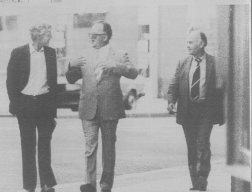 Norwegian KGB Spy Arne Treholt, left, photographed with Soviet Union intelligence officers in Vienna, Austria in 1983.