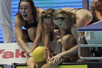 Australia's women's 4x200m freestyle relay team celebrate after wining the final at the World Swimming Championships in Gwangju, South Korea.