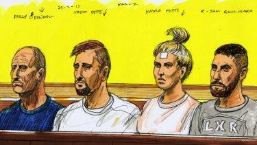 Court sketch of (L-R) Philip O\'Donnell, Trent Potts, Kayla Potts, and Jack Houldcroft. The four are accused of a vicious attack on two police officers in St Kilda. 