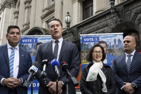 The ‘Team Kouta’ ticket for the City of Melbourne elections includes, from left, Intaj Khan, Anthony Koutoufides, Gladys Liu and Zaim Ramani.