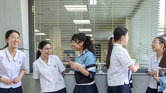 Meriden School students Sydney Nguyen, Alyssa Stamson, Alana Ikladios, Olivia Lee, and Sophie Tan after the exam.
