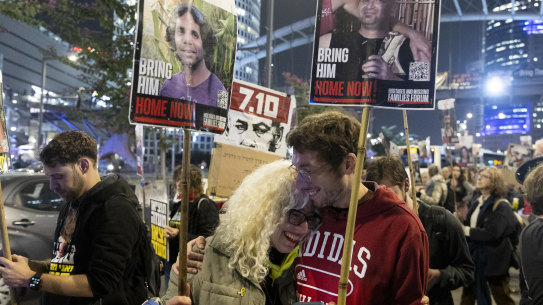 Protesters in Tel Aviv calling for the return of hostages held in the Gaza Strip react after a ceasefire and hostage release deal was reached.