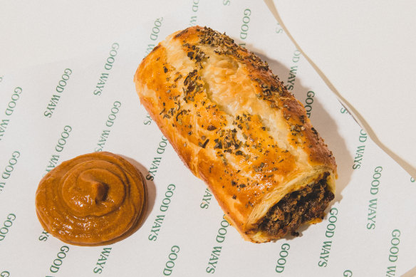 Kangaroo sausage roll with curry sauce at Good Ways Deli.