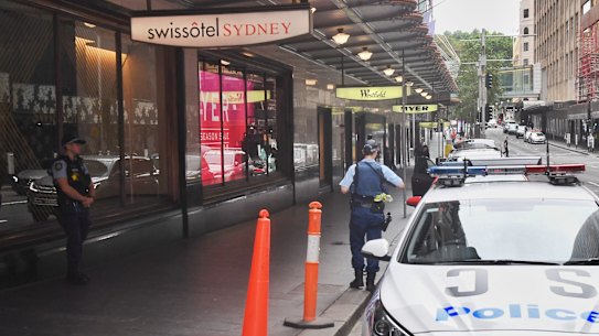 Police outside the Swissotel on Market Street in Sydney on Thursday March 26.