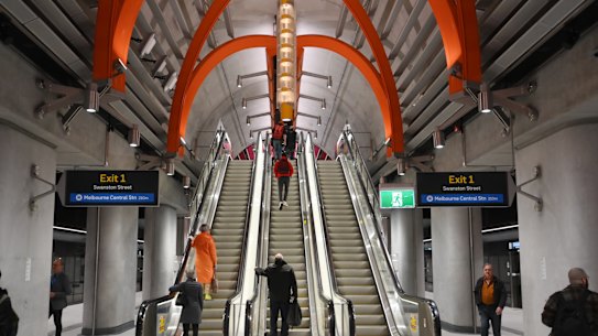 Ono the escalators at State Library station.