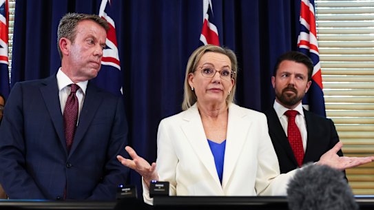 Sussan Ley explains the Liberals’ net zero backdown yesterday, flanked by Senator Anne Ruston (left), opposition energy spokesman Dan Tehan and Senator Jonno Duniam.