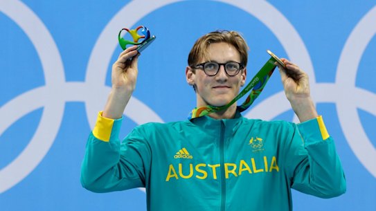 Australia's gold medal winner Mack Horton celebrates on the podium during the 2016 Summer Olympics.