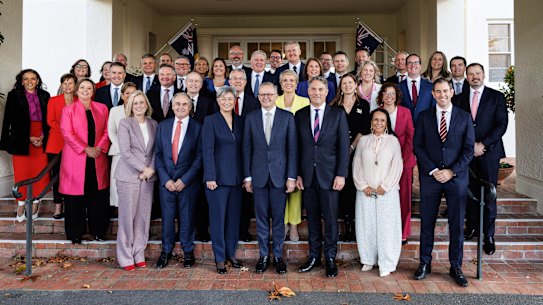Prime Minister Anthony Albanese joins his ministry for a group photo shortly after being sworn into office by the Governor General last month.