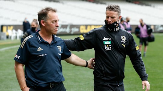 Alastair Clarkson and Damien Hardwick after Clarkson’s last game as Hawthorn coach last year.