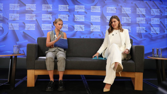 Advocates for survivors of sexual assault and abuse, Grace Tame and Brittany Higgins, during their address to the National Press Club of Australia
