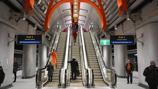 Ono the escalators at State Library station.