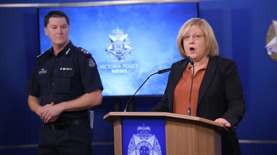 Deputy Commissioner Shane Patton and Police Minister Lisa Neville on Thursday morning. 