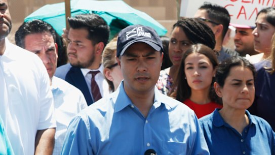 US Representative Joaquin Castro speaks alongside members of the Hispanic Caucus after touring inside of the Border Patrol station in Clint, Texas.