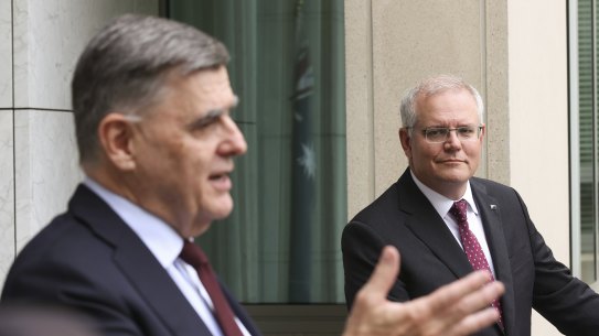Health Department Secretary Brendan Murphy and former prime minister Scott Morrison in April 2021/
