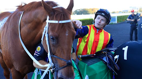 SYDNEY, AUSTRALIA - APRIL 10: James McDonald on Nature Strip returns to scale after winning race 8 the Heineken TJ Smith Stakes during The Championships at Royal Randwick Racecourse on April 10, 2021 in Sydney, Australia. (Photo by Mark Evans/Getty Images)